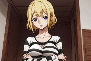 masterpiece, best quality, highres, 2d, masterpiece, best quality, anime, , perfect lighting, wano, 1girl, solo, short hair, wavy hair, bangs, large breasts, long sleeves, blonde, PrisonerCh, striped prison shirt, black and white stripes,
,wano, upper_body, arms_crossed, o neck