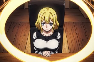 masterpiece, best quality, highres, 2d, masterpiece, best quality, anime, highly detailed face, perfect lighting, wano, 1girl, solo, short hair, wavy hair, bangs, large breasts, long sleeves, blonde, PrisonerCh, striped prison shirt, black and white stripes,
,wano, upper_body, arms_crossed