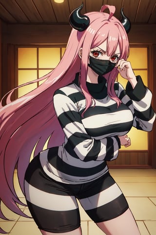 masterpiece, best quality, highres, 2d, masterpiece, best quality, anime, highly detailed face, highly detailed background, perfect lighting, wano, ulti, 1girl, solo, long hair, large breasts, red eyes, long sleeves, blue hair, pink hair, ahoge, horns,, mask, mouth mask, curled horns, PrisonerCh, striped prison shirt, black and white stripes,
,wano