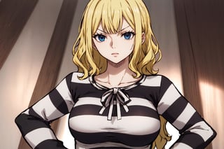 masterpiece, best quality, highres, 2d, masterpiece, best quality, anime, highly detailed face, perfect lighting, wano, 1girl, solo, short hair, wavy hair, bangs, large breasts, long sleeves, blonde, PrisonerCh, striped prison shirt, black and white stripes,
,wano, upper_body, arms_crossed, standing, o neck