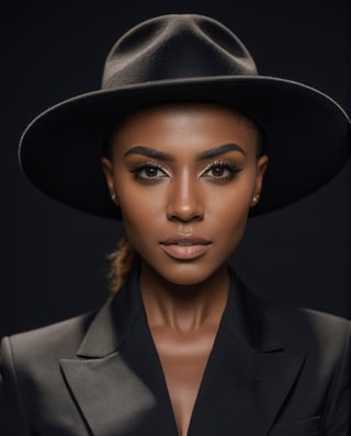 A medium shot of a realistic real life appearance of a glamorous 26 year old girl, dark skintone, with highlights, realistic eyes, realistic eye balls, realistic face, beautiful face, make up on, (black symmetrical framed shades), wearing black blazer, topless and black hat, black background looking at the camera, superb cinematic color grading,sharp focus, award-winning photograph, headshot portrait, beautiful features, cinematic shot, dynamic lighting, 100mm, Technicolor, Panavision, cinemascope, sharp focus, fine details, 8k, HDR, realism, realistic, key visual, film still, depth of field, aesthetic portrait,more saturation 