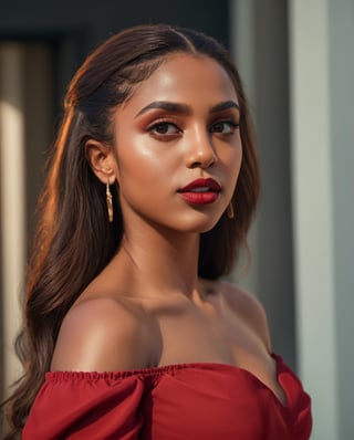 Extremely Realistic, a medium shot of a beautiful 24 year old lady, brown skin tones,with long styled brown hair, wearing a sexy red off shoulder dress, life like glossy lips, realistic eyes
In frame, accurate perspective, vibrant, Sharp, focus, Clear, vibrant colors, vibrant lighting, natural lighting,  natural setting, realism, naturalism, detailed, Natural, realistic, high contrast, natural color contrast, photo, accurate, rich colors, bold, accurate colors, eye-catching, professional, authentic, real, cinematic, photo-perfect, lifelike, accurate details, detailed surroundings, accurate shadows & highlights, accurate lighting, photorealistic, high resolution, ultra detail, hyperrealistic, 8K,