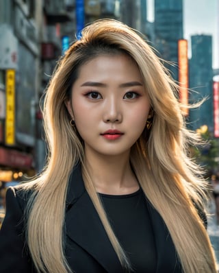 Extremely Realistic, more saturation, medium shot of a 26 year old beautiful chinise lady, solo, long hair, looking at viewer, blonde hair, brown eyes, realistic, nsfw, shenzen city background, dressed in black street chinise trendy fashion, street level
In frame, accurate perspective, vibrant, Sharp, focus, Clear, vibrant colors, vibrant lighting, natural lighting,  natural setting, realism, naturalism, detailed, Natural, realistic, high contrast, natural color contrast, photo, accurate, rich colors, bold, accurate colors, eye-catching, professional, authentic, real, cinematic, photo-perfect, lifelike, accurate details, detailed surroundings, accurate shadows & highlights, accurate lighting, photorealistic, high resolution, ultra detail, hyperrealistic, 8K, 
