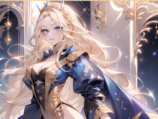 Appearance: Woman, royal noble princess, beautiful face, dark blue eyes, golden Rapunzel hair, slender figure.
Personality: witty, brave, kind, cheerful
Characteristics: Often wears European court clothing
Korean comic style