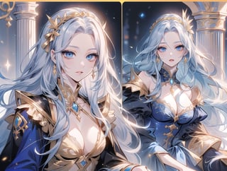 Appearance: Woman, royal noble princess, beautiful face, dark blue eyes, golden Rapunzel hair, slender figure.
Personality: witty, brave, kind, cheerful
Characteristics: Often wears European court clothing
Korean comic style
