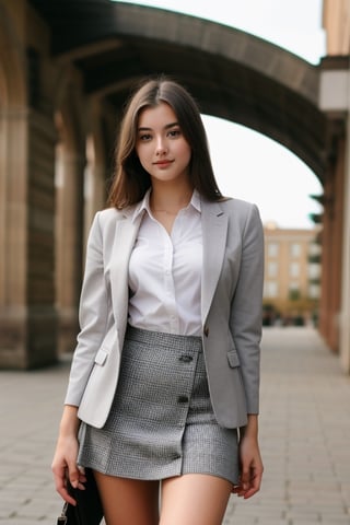 A beatiful 21 years old brunette woman, gorgeus, perfect face, beautiful body, she wearing college uniform with tie, blazer and skirt ,Realism