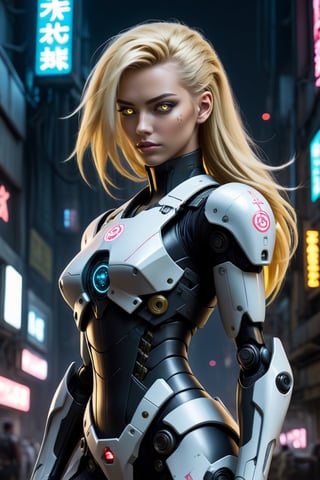 In the dark, gritty streets of a cyberpunk world, a beautiful android patrols in her tight, military uniform. Her blonde hair cascades down her back as she moves with grace and precision. The glow of her cybernetic eyes pierces through the night, a symbol of her advanced technology and strength.