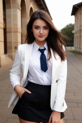 A beatiful 21 years old brunette woman, gorgeus, perfect face, beautiful body, she wearing college uniform with tie, blazer and skirt ,Realism,better_hands