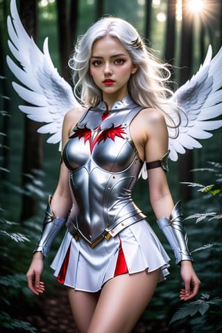 As the moon rises over the dark forest, a striking angel with flowing white hair and shimmering silver wings emerges. Her tight red miniskirt and armor chest are a stark contrast to her delicate features, but her fierce determination is evident in her piercing gaze., ,more detail XL,photo r3al