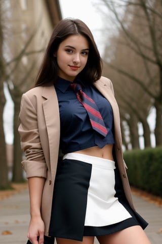 A beatiful 21 years old brunette woman, gorgeus, perfect face, beautiful body, she wearing college uniform with tie, blazer and skirt ,Realism,better_hands