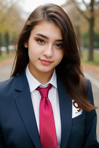 A beatiful 21 years old brunette woman, gorgeus, perfect face, beautiful body, she wearing college uniform with tie, blazer and skirt ,Realism,Makeup