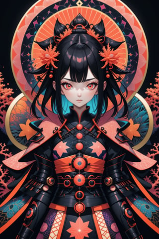 absurdres, highres, ultra detailed, (1girl:1.3), star in eyes, fantasy samurai attire, psychedelic, fractal patterns, geometric figures, (coral + black color:1),