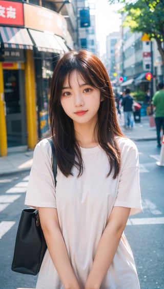 beautiful asian girl in street, professional photography, depth in field, high quality 