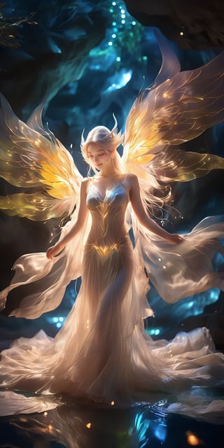 best quality,  extremely detailed,  area lighting in background,  HD,  8k,  extremely intricate:1.3),  fantasy art,  a sexy elf girl, ((white hair)),  long hair,  hair floating in the water, ((glowing yelow wings)), GlowingRunes_, (nude), WaterAI, dunhuang_cloths,dunhuang