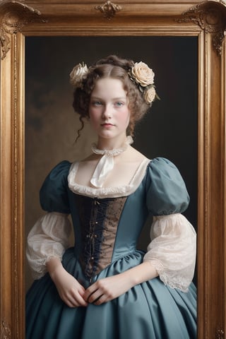 there is a young girl in a dress and a flower in her hair, victorian style costume, victorian blue dress, inspired by Alice Prin, lovely languid princess, portrait of princess, princess portrait, portrait of a princess, inspired by Sophie Gengembre Anderson, young victorian sad fancy lady, victorian dress, young girl in steampunk clothes, gothic princess portrait