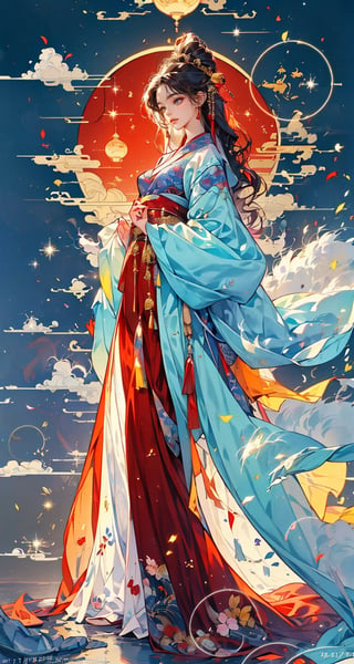 masterpiece, top quality, best quality, official art, beautiful and aesthetic:1.2), (1girl:1.9), purple-blue color long hair, ((multi-colored hanfu fashion)), wind blows, chinese dragon, golden line, (red theme:1.3), ultra-high quality, photorealistic, sky background, dynamic pose, icemagicAI,ancient_beautiful