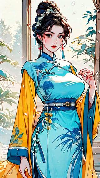 Masterpiece, Best Quality,young and beautiful Chinese girl wearing a cheongsam with coiled hair,wearing vintage Chinese earrings, (big breasts:1.3),1girl, half,(red|blue|yellow hanfu:1.2),arien_hanfu, 1girl, (falling_snow:1.3), looking_at_viewer, , (big breasts:1.39),Young beauty spirit ,ancient_beautiful