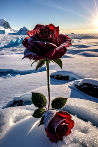 (Garden, macro photography:1.2), (wildlife)

(breathtaking, contrasting atmosphere:1.35), (masterpiece, best quality:1.40), (beautiful red rose), (Antarctica setting:0.90), (snowing:1.20), (sunshine and frost:1.30), [dew drops: glistening detail: 0.80], taken in Sony a7 III Mirrorless Camera, ISO 400, ƒ/2.8, shutter speed, inspired by Hajime Sorayama, Hikari Shimoda. This imaginary scene captures a breathtaking and contrasting atmosphere as a beautiful red rose stands amidst the icy landscape of Antarctica. The snowfall creates a serene and tranquil ambiance, while the sunlight breaks through the clouds, casting a warm glow on the frost-covered environment. Dew drops glisten on the petals of the rose, adding a touch of delicate beauty. The image is a masterpiece that juxtaposes the fragility and resilience of nature, showcasing the striking beauty of a single rose against the harsh yet stunning backdrop of Antarctica.