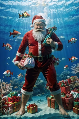 snorkeling:1.4, colorful aquatic life, fishes, coral reef, detailed (Santa Claus, swimming, underwater, with net bag of gifts:1.3)

high resolution,natural lighting setup,masterpiece,(magical place:1.4),High resolution,(nsfw), (looking_at_viewer:1.3), ho-ho-ho smile,Masterpiece