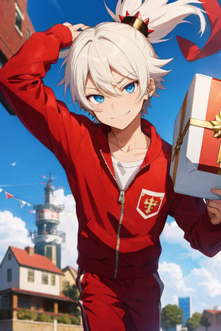 anime style, Santa is a young, hip and energetic dude with spiky blonde hair and piercing blue eyes. He wears a red and white tracksuit with a Santa hat perched on top of his head. Instead of a sleigh, he rides around on a futuristic hoverboard, delivering presents to all the good boys and girls. He's got a mischievous grin on his face and a twinkle in his eye, always ready for some holiday fun