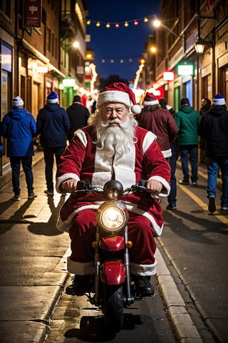 As the clock strikes midnight on Christmas eve, Santa Claus makes his grand entrance riding an electric scooter adorned with flashing lights and colorful ornaments. He zips through the town effortlessly, dodging traffic and avoiding obstacles like a seasoned pro. His sack filled with gifts hangs loosely from his shoulder as he navigates through narrow alleyways and crowded streets. Children line up eagerly waiting for their turn to receive their much-anticipated presents. Some are shivering in anticipation under blankets while others huddle close together trying to stay warm amidst the cold winter night. Just when things seem too good to be true, Santa pulls over near a group of homeless men sitting around a fire pit discussing life's struggles. Without hesitation, he distributes food baskets and warm clothes among them before continuing on his merry way spreading joy and happiness wherever he goes.
