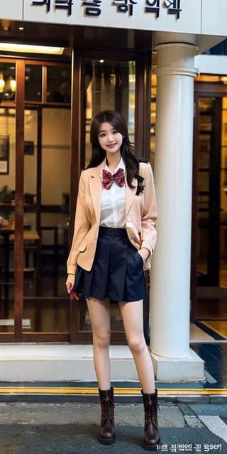 (masterpiece, top quality, best quality,1girls,Korean, beautiful face, smile, long hair, 19 years old, school_uniform, jacket, shorts, boots, hills, full body view, daylight,dream_girl