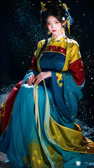 Masterpiece, Best Quality,young and beautiful Chinese girl wearing a cheongsam with coiled hair,wearing vintage Chinese earrings, (big breasts:1.3),1girl, half,(red|blue|yellow hanfu:1.2),arien_hanfu, 1girl, (falling_snow:1.3), looking_at_viewer, , (big breasts:1.39),Young beauty spirit 
