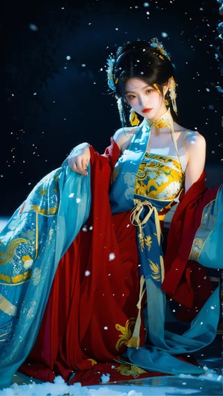Masterpiece, Best Quality,young and beautiful Chinese girl wearing a cheongsam with coiled hair,wearing vintage Chinese earrings, (big breasts:1.3),1girl, half,(red|blue|yellow hanfu:1.2),arien_hanfu, 1girl, (falling_snow:1.3), looking_at_viewer, , (big breasts:1.39),Young beauty spirit 