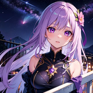 masterpiece, best quality, ultra-detailed, illustration, , , 1girl,solo, image body, flower, looking at viewer, , , purple eyes, jewel-like eyes, extremely detailed eyes, extremely detailed face,, , star (sky), constellation, purple energy, railing, meteor,nm1