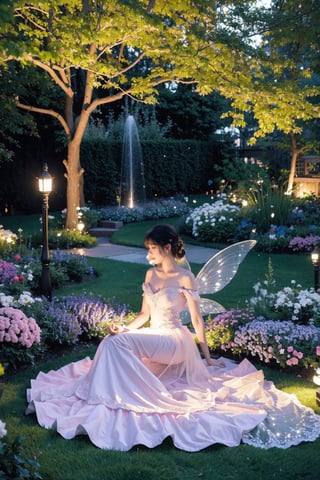 high quality, 8K Ultra HD, Enchanted Moonlit Garden, In the heart of the garden stands a beautiful graceful fairy-like figure, adorned in delicate, flowing garments that shimmer with starlight, Her wings glisten with moonbeams as she spreads a sense of wonder and tranquility, Step into a realm of enchantment with this mesmerizing digital artwork, The scene unfolds in a moonlit garden filled with ethereal beauty, Glowing moonflowers and luminescent fireflies create an otherworldly glow, casting a magical ambiance over the scene, The color palette is a delicate mix of cool b
