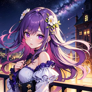 masterpiece, best quality, ultra-detailed, illustration, , , 1girl,solo, image body, flower, looking at viewer, , , purple eyes, jewel-like eyes, extremely detailed eyes, extremely detailed face,, , star (sky), constellation, purple energy, railing, meteor,nm1