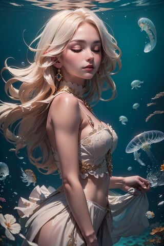 (Masterpiece),  (Best Quality),  (Official Art,  Highly detailed CG unity 8k wallpaper),  (Very detailed),  (((absurdes)),  1 Girl,  Midshot,  (exquisite facial features),  (album cover),  light_white_hair,  large_hair, furina, underwater,masterpiece,furina \(genshin impact\),furina, jellyfish around him, eyes closed, dancing underwater beautifully, distance