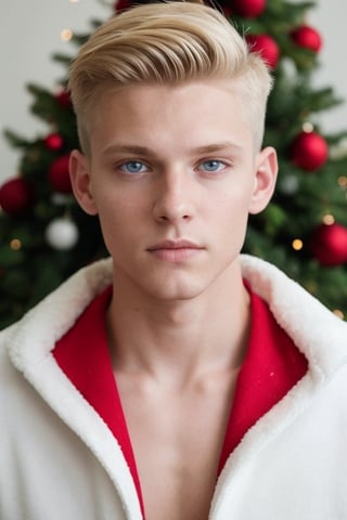 an 18 years old handsome cute blond boy, wear christmas costume, christmas, christmas decoration, christmas tree, sharp focus, finely detailed eyes and face, short hair, fade haircut, male_only, sharp skin, masterpiece, photorealistic, ultra-detailed, fine skin detail, best, super fine, best quality, ultra highres, 8k, RAW photo, cute blond boy,
