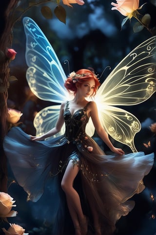 small_male_fairy, ((best best quality, masterpiece, ultra detailed):1, (glowing black eyes:1.5), glowing redhair, Flowers_roses,  clouds, insect_wings, tall_trees, flying, elf_ears, many fairytale, flying flying flying 


