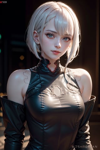 absurd, masterpiece, top quality, nffsw, one girl, mature woman, (sharp focus), villain smile, medium breasts, (long hair on black background), (gray eyes), (detailed eyes) , white gothic lace costume, realism, black castle, ultra-definition, vivid, intricate detail, photorealistic, steampunk, Aodai Cyber, 2b