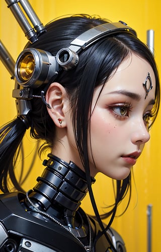 profile photo, in front of the yellow wall, Asian cyborg woman without body, connected by cable, Twisted cable and wire and LED, Charming eyes bodypunk PLC robot、silver motor head, with ray gun, 80 degree field of view, art by：sergio lopez, natalie shau, James Jean and Salvador Dali, (Yellow background:1.5)