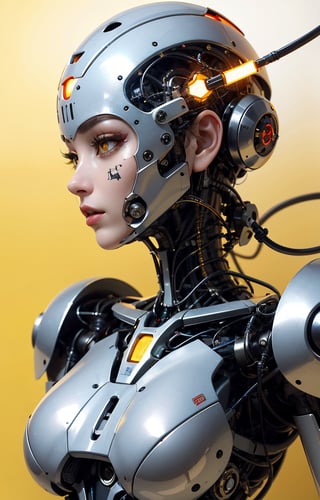 profile photo, in front of the yellow wall, Asian cyborg woman without body, connected by cable, Twisted cable and wire and LED, Charming eyes bodypunk PLC robot、silver motor head, with ray gun, 80 degree field of view, art by：sergio lopez, natalie shau, James Jean and Salvador Dali, (Yellow background:1.5),cyborg ,Cyborg