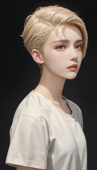 20 year old female, blonde, (High Top Fade: 1.3), dark theme, muted tones, muted colors, high contrast, (natural skin texture, hyperrealism, soft light, sharp), girl, medium breasted, white t-shirt, about to kiss, from the side, looking at viewer, looking away, earrings, choker,yorha type a no. 2