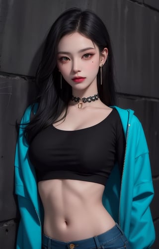(Masterpiece, Best Quality, 1 Girl, Solo, Intricate Details, Chromatic Aberration), Realistic, ((Sighs)), Long Hair, Black Hair, One Eye Hidden by Hair, Yellow Eyes, Punk Rock Makeup , earrings, sharp eyes, choker, neon shirt, open jacket, crop top, (symmetrical eyes), (perfect symmetrical body), against a wall, brick wall, graffiti, dim lighting, alley, looking at the viewer,g0thsh33rb0dysu1t