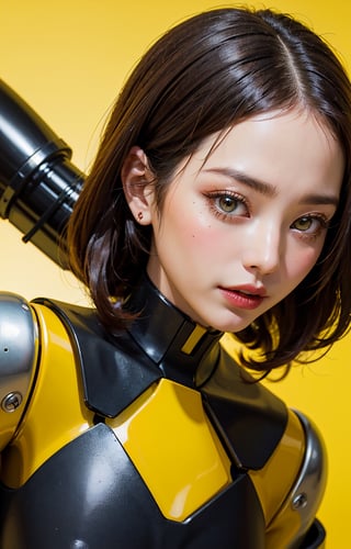 profile photo, in front of the yellow wall, Asian cyborg woman without body, connected by cable, Twisted cable and wire and LED, Charming eyes bodypunk PLC robot、silver motor head, with ray gun, 80 degree field of view, art by：sergio lopez, natalie shau, James Jean and Salvador Dali, (Yellow background:1.5)

