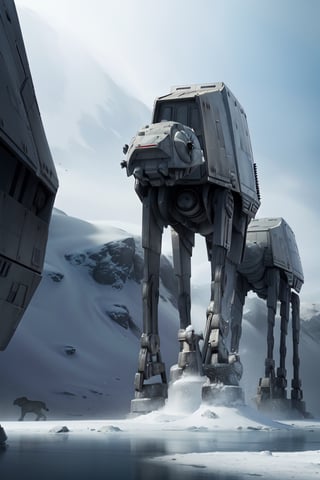 ((1 male)), AT-AT Walker, whole body, 3D figure, AT-AT, natural light, real image quality, dynamic pose, video lighting, perfect composition, super detail, official art, masterpiece, highest quality, reflection, Each high-resolution CG Unity 8K wallpaper, detailed background, masterpiece, photorealistic, random angle, snow field, ice planet, full body, Star Wars,