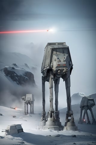 ((1 male)), AT-AT Walker, whole body, 3D figure, AT-AT, natural light, realistic image quality, dynamic pose, flying laser beams, tracer bullets, in battle, attacking, satellite laser, laser beam from the sky, snow smoke, Video lighting, perfect composition, super detail, official art, masterpiece, top quality, reflection, each high resolution CG Unity 8K wallpaper, detailed background, masterpiece, photorealistic, random angle, snow field, ice planet, HOTH, full body ,Star Wars,