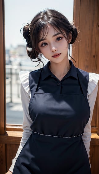 ((highest quality, 8k, masterpiece)), Super detailed, Sharp focus, One beautiful woman, ((Navy Polar Apron:1.4)), (Updo:1.4), (Simple collared shirt:1.4), Highly detailed face and skin texture, ((Fine grain)), ((Beautiful dark eyes:1.4)), (smile:1.15), (Mouth closed), Cafe,cute girl