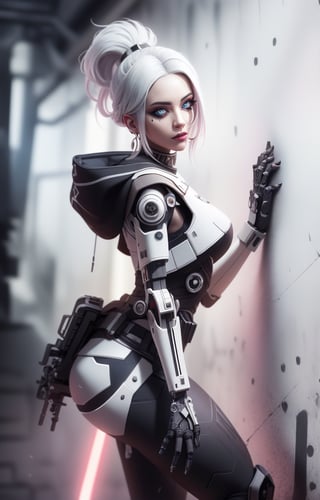 (Masterpiece, Best Quality, 1 Girl, Solo, Intricate Details, Chromatic Aberration), Real,, 2bTheEmpireStyle, White, White Cyborg Fashion Shot, Punk Warrior, ((Sigh)), (Sad Smile: 0.6), Long Hair, Black Hair , white headdress, pearl highlights, hair on one eye, yellow eyes, earrings, sharp eyes, , (symmetrical eyes), (perfectly symmetrical body), by the wall, fractal decoration staring at the viewer, Unreal Engine, ArtStation In trend, high-tech plastic,TheEmpireStyle