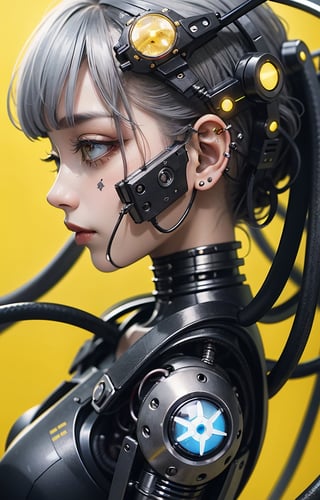 Profile picture, in front of a yellow wall, a disembodied Asian cyborg woman, dynamic pose, connected by cables, twisted cables and wires and LEDs, bodypunk PLC robot with attractive eyes, silver motor head, with ray gun, 80 degree field of view, art: Sergio Lopez, Natalie Schau, James Jean, Salvador Dali, (yellow background: 1.5)