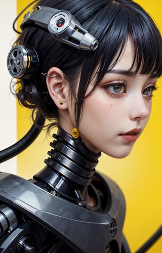 profile photo, in front of the yellow wall, Asian cyborg woman without body, connected by cable, Twisted cable and wire and LED, Charming eyes bodypunk PLC robot、silver motor head, with ray gun, 80 degree field of view, art by：sergio lopez, natalie shau, James Jean and Salvador Dali, (Yellow background:1.5)