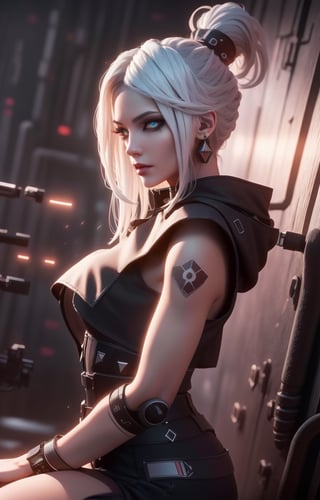 (Masterpiece, Best Quality, 1 Girl, Solo, Intricate Details, Chromatic Aberration), Real,, 2bTheEmpireStyle, White, White Cyborg Fashion Shot, Punk Warrior, ((Sigh)), (Sad Smile: 0.6), Long Hair, Black Hair , white headdress, pearl highlights, hair on one eye, yellow eyes, earrings, sharp eyes, , (symmetrical eyes), (perfectly symmetrical body), by the wall, fractal decoration staring at the viewer, Unreal Engine, ArtStation In trend, high-tech plastic,TheEmpireStyle,Maria