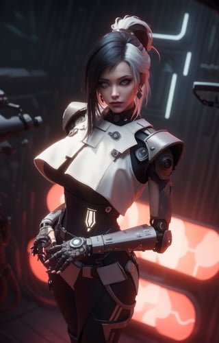 (Masterpiece, Best Quality, 1 Girl, Solo, Intricate Details, Chromatic Aberration), Real,, 2bTheEmpireStyle, White, White Cyborg Fashion Shot, Punk Warrior, ((Sigh)), (Sad Smile: 0.6), Long Hair, Black Hair , white headdress, pearl highlights, hair on one eye, yellow eyes, earrings, sharp eyes, , (symmetrical eyes), (perfectly symmetrical body), by the wall, fractal decoration staring at the viewer, Unreal Engine, ArtStation In trend, high-tech plastic,TheEmpireStyle,Maria