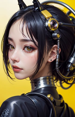 profile photo, in front of the yellow wall, Asian cyborg woman without body, connected by cable, Twisted cable and wire and LED, Charming eyes bodypunk PLC robot、silver motor head, with ray gun, 80 degree field of view, art by：sergio lopez, natalie shau, James Jean and Salvador Dali, (Yellow background:1.5)