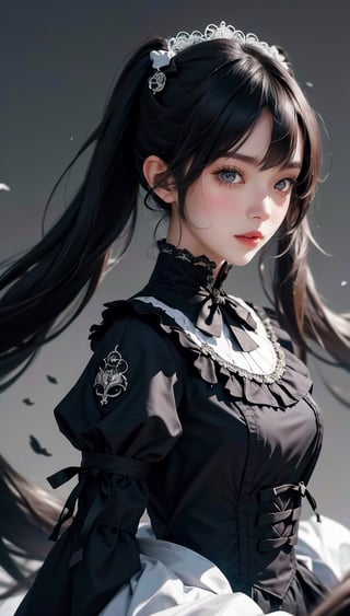 masterpiece, one beautiful girl, detailed eyes, puffy eyes, best quality, super high resolution, (reality 1.4), original photo, one girl, black and white gothic lolita fashion, gothic lolita style, twin tails blowing in the wind, black hair, 46 angled bangs, on stage, real hands, cinematic lighting, japanese, asian beauty, korean, very beautiful, beautiful skin, slender, body facing forward, (ultra realistic), (high resolution), (8k), (highly detailed), (best illustration), (beautiful detailed eyes), (super detailed), detailed face, looking straight at the viewer, well dressed, black gothic lolita fashion, gothic lolita style, twin tails blowing in the wind, black hair, 46 angled bangs, on stage, real hands, beautiful